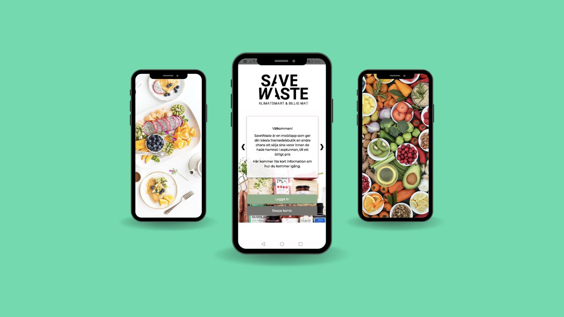 app-utveckling, mockup av SaveWaste - appen